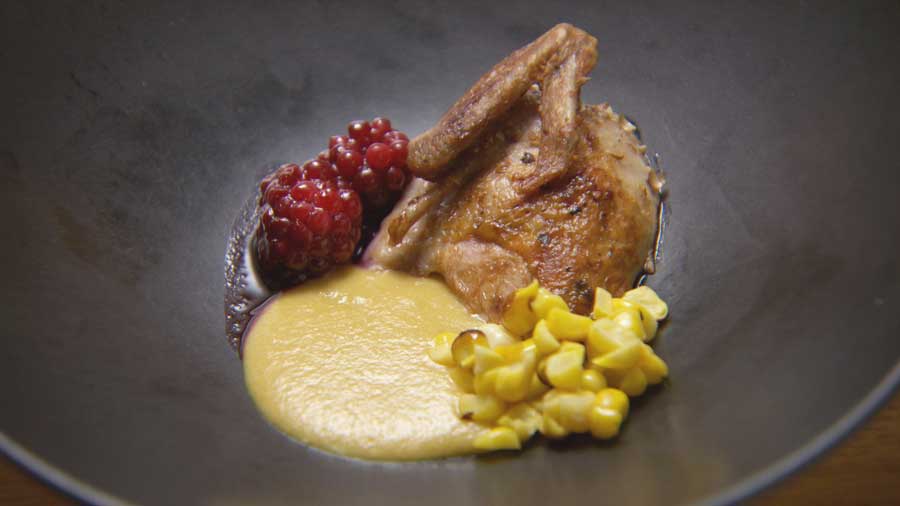 Roasted Quail with Miso Sweet Corn Puree and Blackberry Vinaigrette