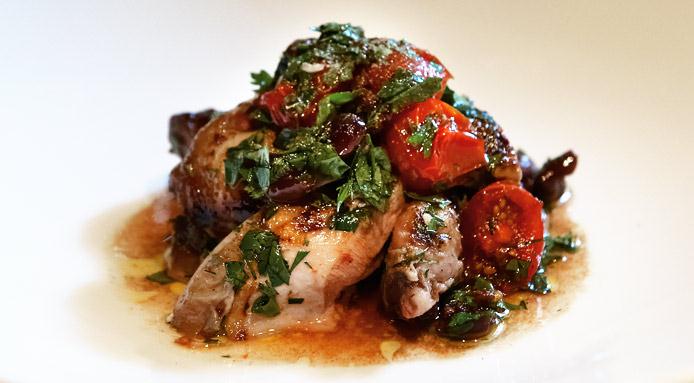 WARM SALAD OF WOOD-FIRE GRILLED QUAIL WITH SEMI-DRIED CHERRY TOMATO