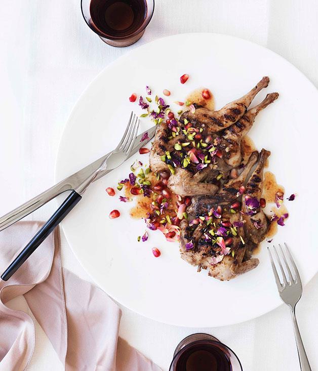 Char-grilled quail with rose and pomegranate